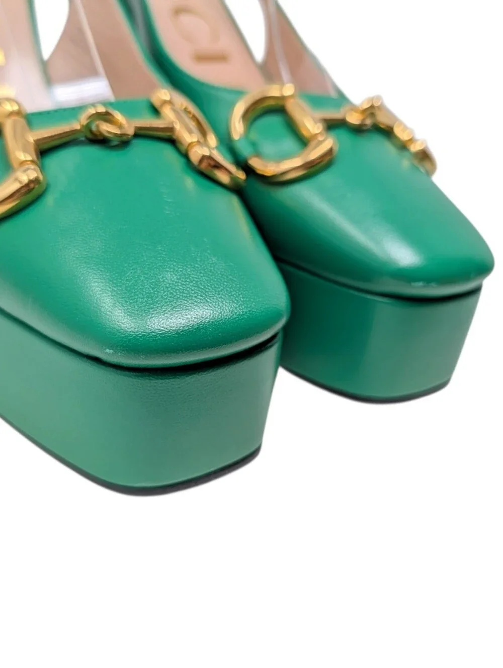 NEW Gucci Green Horsebit Platform Slingback Chunky Block Heel Pumps Size EU 39.5